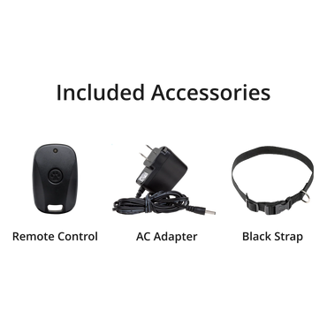 BarkWise™ Complete's included accessories – remote control, AC adaptor, and a black collar strap.