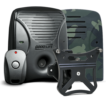 Discreet Neighbor Pack – MAX. Pictured: Dog Silencer® MAX with its included remote, a camouflage-pattern faceplate, and a wall mount